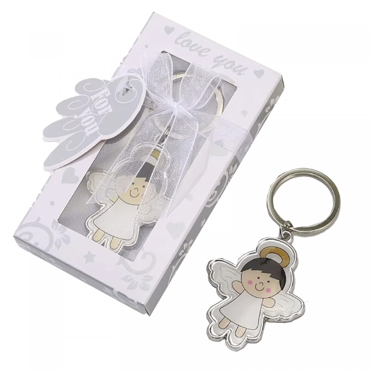 Chaveiro de anjo sorridente com asas apresentado em caixa de presente