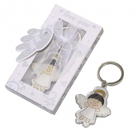 Chaveiro de anjo sorridente com asas apresentado em caixa de presente