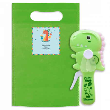 Ventilador manual com design de dinossauro em bolsa personalizada para aniversários