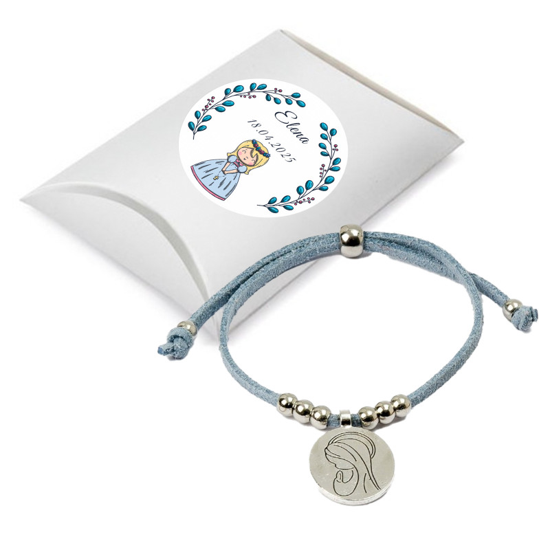 Pulseira com medalha da virgem maria em estojo personalizado com adesivo para comunhão de menina
