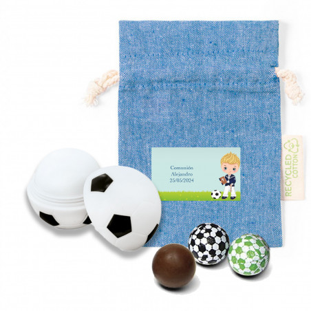 Brilho labial e bombons com design de futebol em bolsa personalizada para comunhão de menino