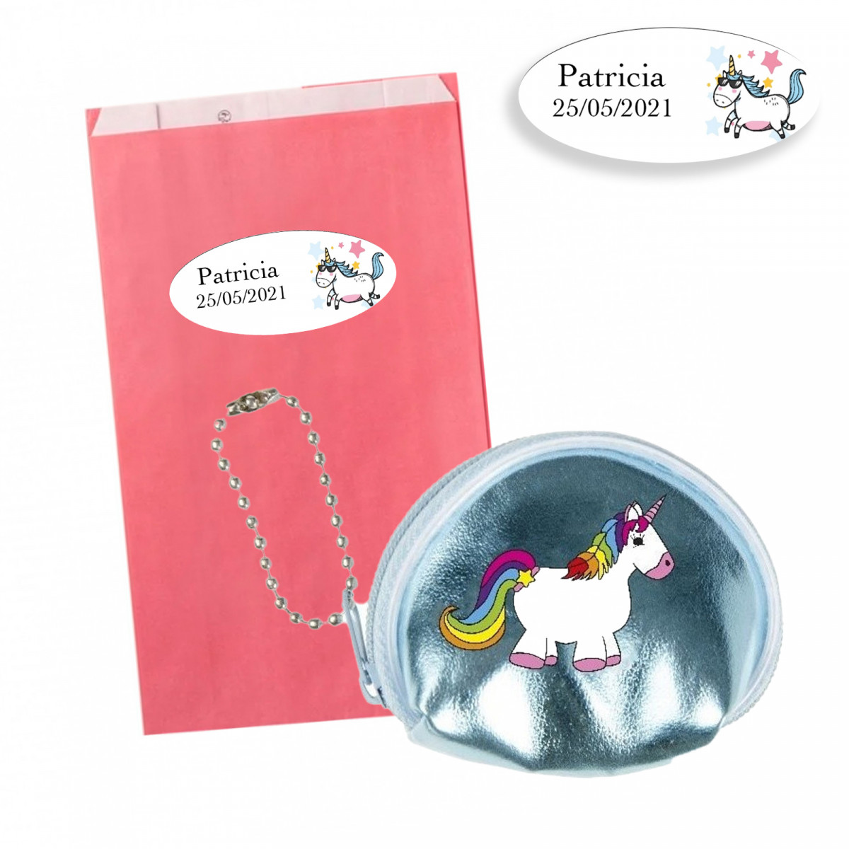 Carteira mini brilhante de unicórnio em envelope rosa e adesivo personalizado para presentear