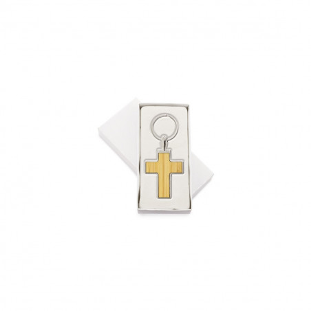 Chaveiro cruz de madeira metálica em elegante caixa com adesivo primeira comunhão
