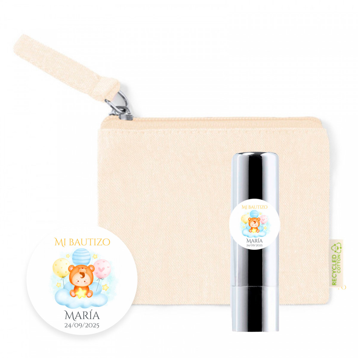 Bálsamo labial prateado com adesivo personalizável em carteira natural para lembrancinhas de batizado