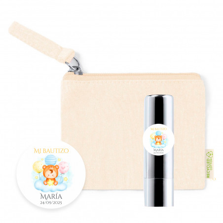 Bálsamo labial prateado com adesivo personalizável em carteira natural para lembrancinhas de batizado