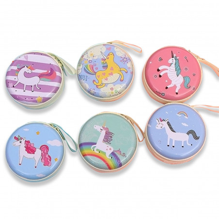Porta-moedas redondo de lata com lindos desenhos de unicórnios