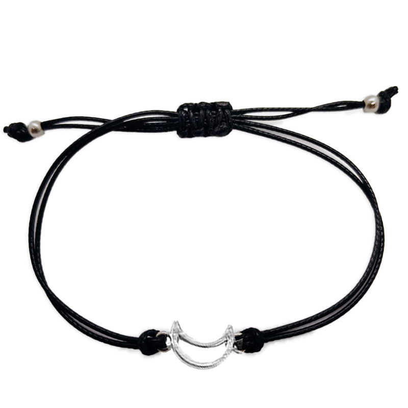 Pulseira de cordão preto com lua metálica para presentear