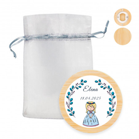 Abridor ímã com adesivo primeira comunhão menina em delicada bolsa de organza prata para presentear