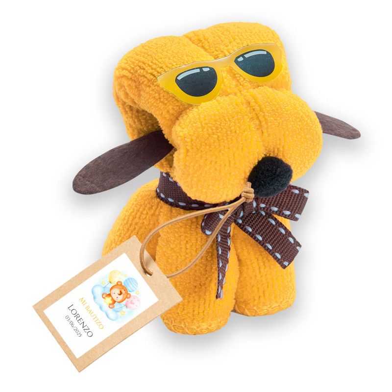 Toalha em forma de cachorrinho e etiqueta pendurada com adesivo personalizável para detalhes de batizado unissex