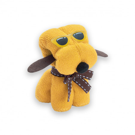 Toalha em forma de cachorrinho e etiqueta pendurada com adesivo personalizável para detalhes de batizado unissex