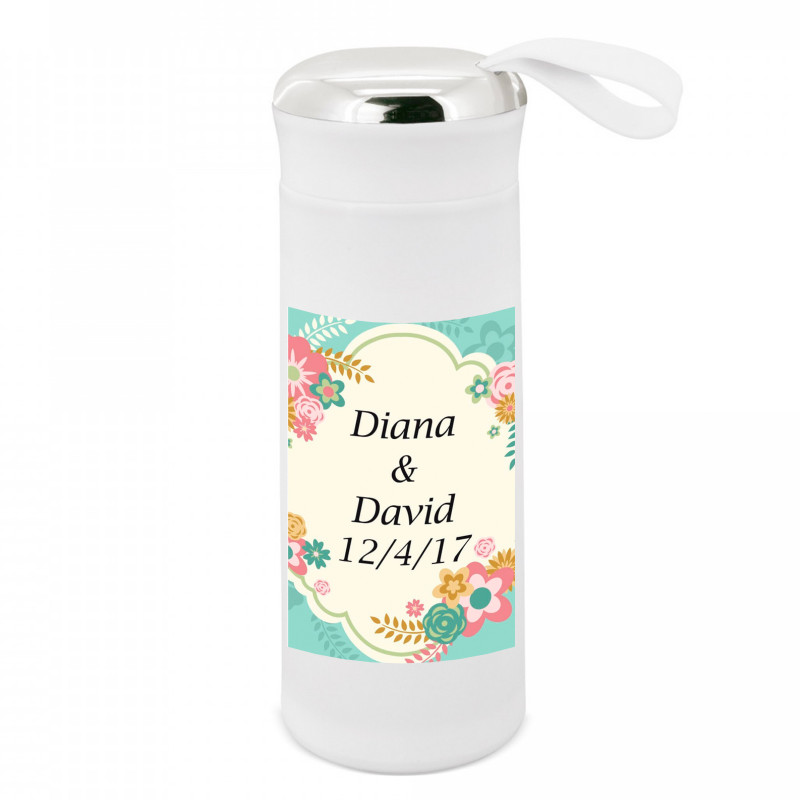 Botella com adesivo floral personalizável para presentear