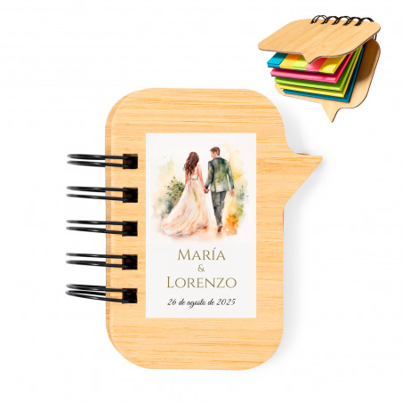 Bloco de notas com anéis e capa de bambu com adesivo personalizável de noivos para lembranças de casamento
