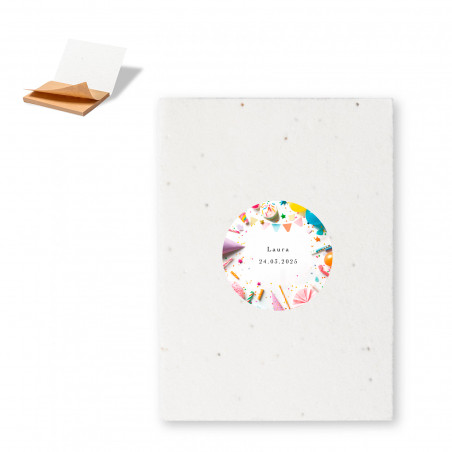 Bloco de notas com capas de papel de semente para plantar e adesivo personalizável para detalhes de festas e eventos