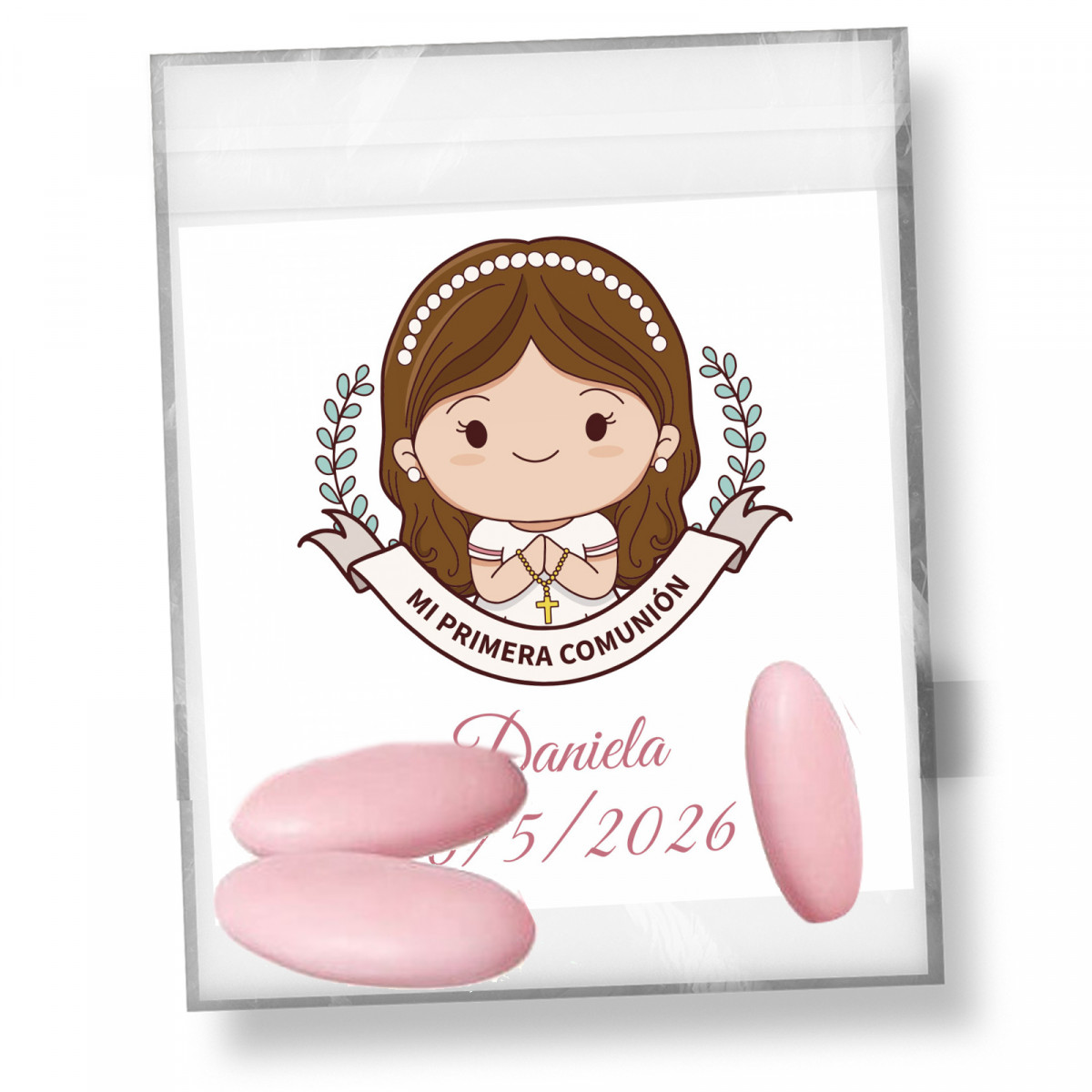 Peladinhas de chocolate com cobertura rosa 3 unidades em bolsa com cartão de recordação comunhão menina