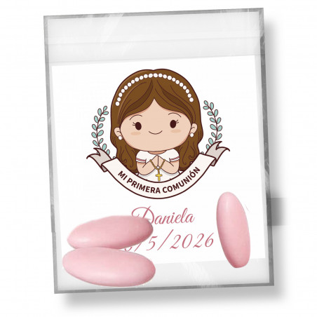 Peladinhas de chocolate com cobertura rosa 3 unidades em bolsa com cartão de recordação comunhão menina
