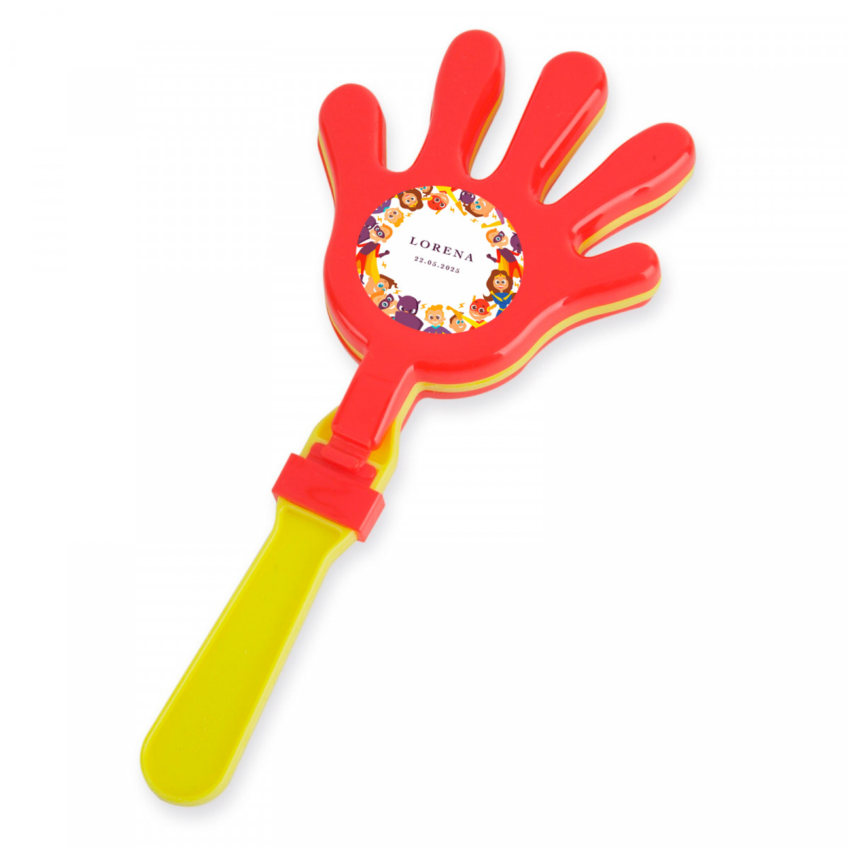 Palmeador vermelho e amarelo personalizado com adesivo de super-heróis para detalhe infantil