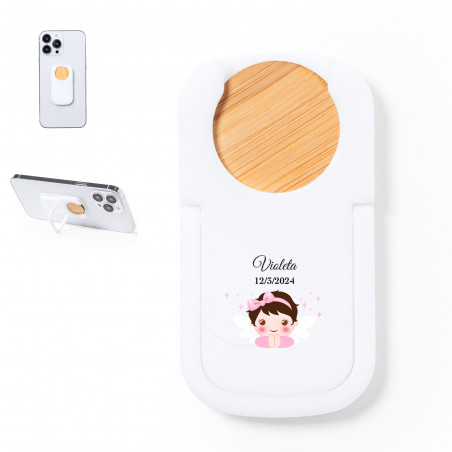 Suporte para celular com moeda de bambu e adesivo de batizado com design de anjo rosa para detalhes de convidados