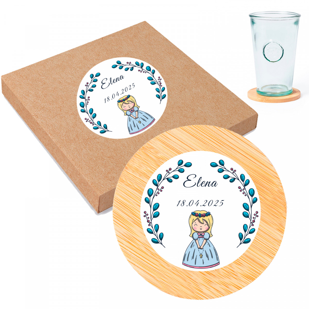 Porta-copos de bambu com adesivo primeira comunhão menina para presentes de convidados