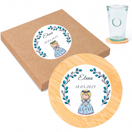 Porta-copos de bambu com adesivo primeira comunhão menina para presentes de convidados