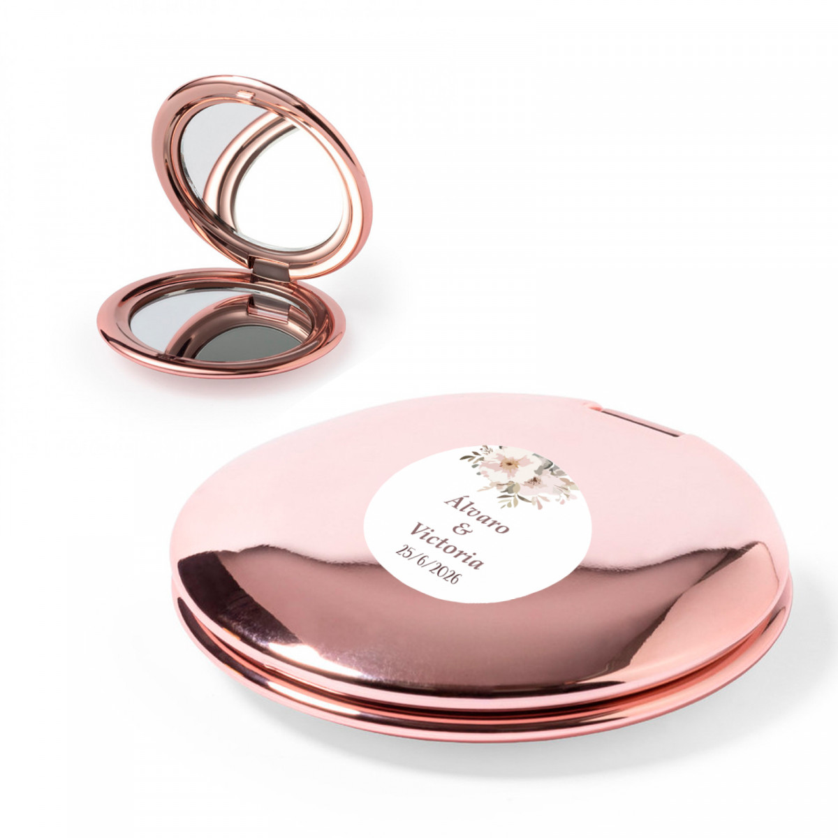 Espelho duplo redondo rosa metalizado com adesivo floral de 2 cm para detalhes dos convidados