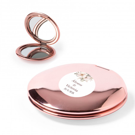 Espelho duplo redondo metálico rosa com adesivo floral de 2 cm para detalhes dos convidados