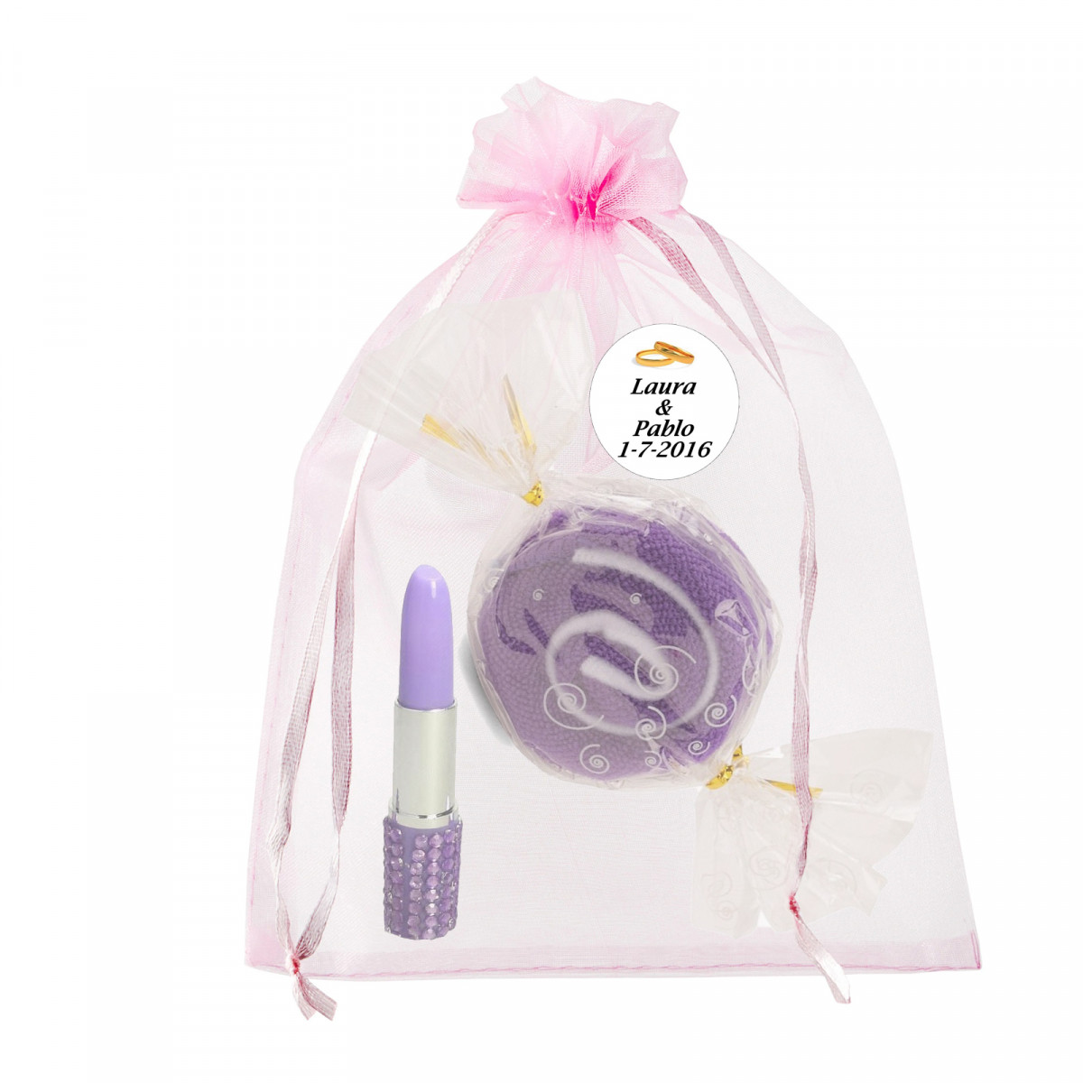 Toalha de caramelo com caneta batom em bolsa de organza personalizada