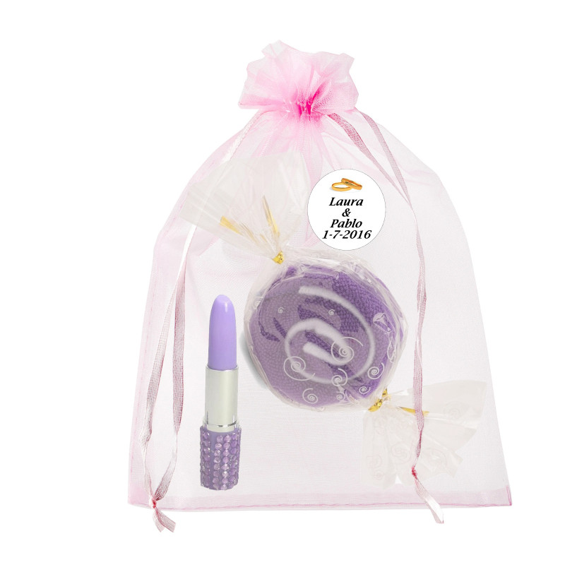 Toalha de caramelo com caneta batom em bolsa de organza personalizada
