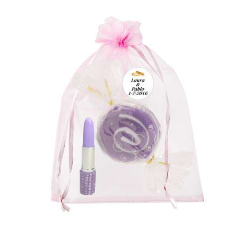Toalha de caramelo com caneta batom em bolsa de organza personalizada