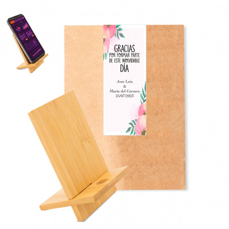 Suporte de bambu para celular em envelope kraft com adesivo personalizado de agradecimento para presentear