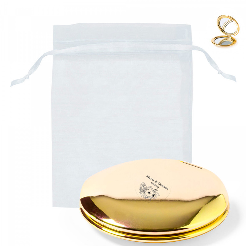 Espelho duplo dourado metalizado com adesivo transparente floral em bolsa de organza para presentear