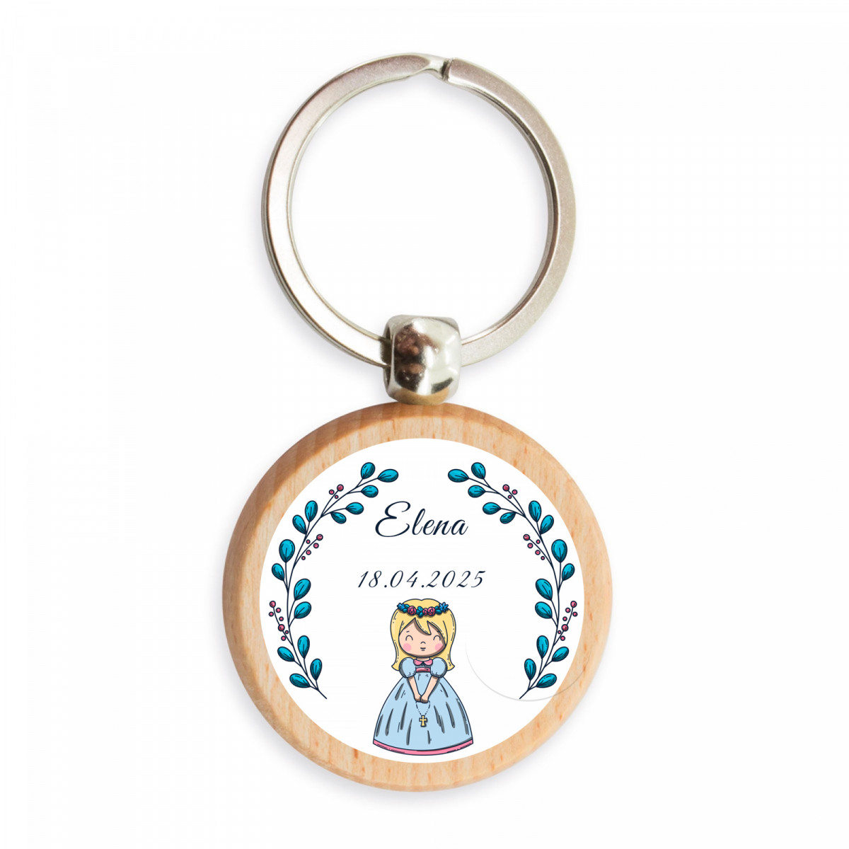 Chaveiro de bambu com adorável adesivo personalizável para lembranças de primeira comunhão para menina
