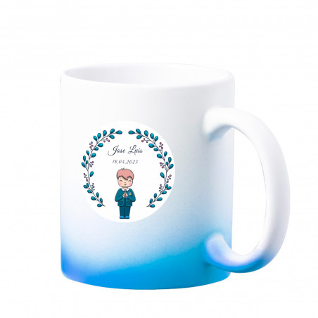Caneca de sublimaçao com acabamento fosco e degradê azul personalizada para detalhes de comunhão para menino