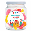 Frasco com sortido de gomas personalizável com adesivo de aniversário para presentear