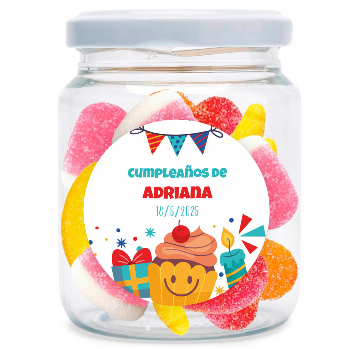Frasco com sortido de gomas personalizável com adesivo de aniversário para presentear