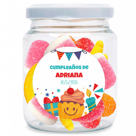 Frasco com sortido de gomas personalizável com adesivo de aniversário para presentear