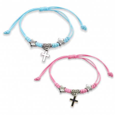 Pulseira de cordão ajustável com pingentes de cruz e estrela