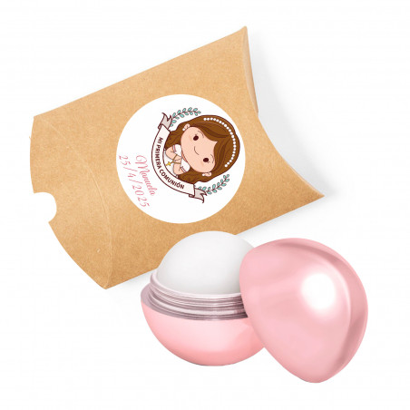 Brilho labial rosa em estojo kraft com adesivo de primeira comunhão de menina para presentear