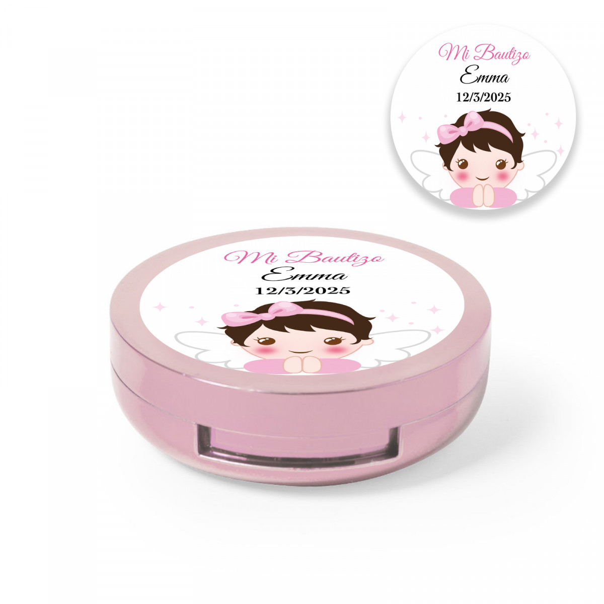 Bálsamo labial em caixa rosa com espelho interior com adesivo personalizado de batizado menina