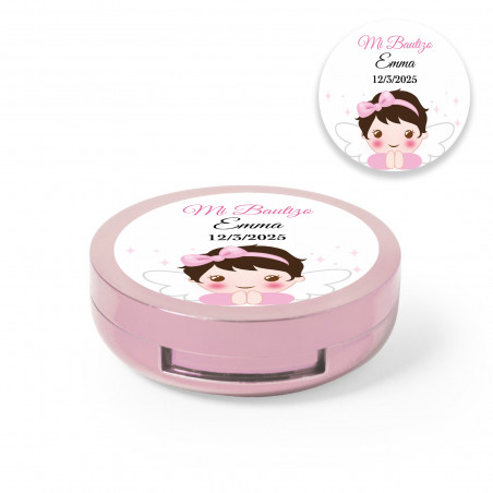 Bálsamo labial em caixa rosa com espelho interior com adesivo personalizado de batizado menina