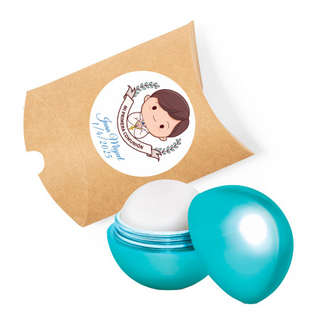 Brilho labial azul em estojo kraft com adesivo de primeira comunhão para menino para detalhes
