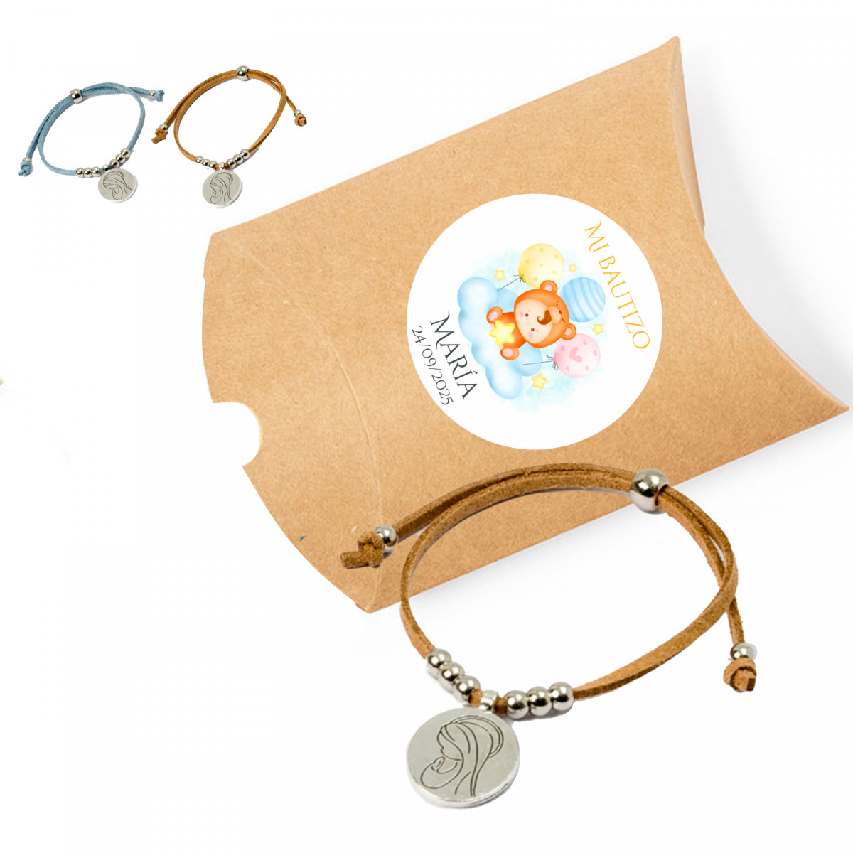 Pulseira medalha virgem maria em estojo kraft com adesivo de batismo para detalhes convidados