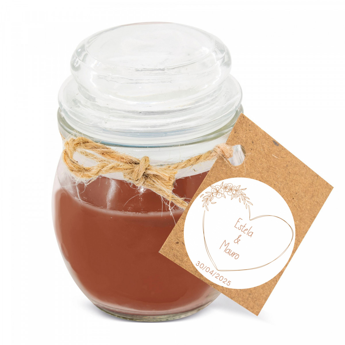 Vela aromática em pote de vidro com tampa e etiqueta pendurada personalizada para lembranças