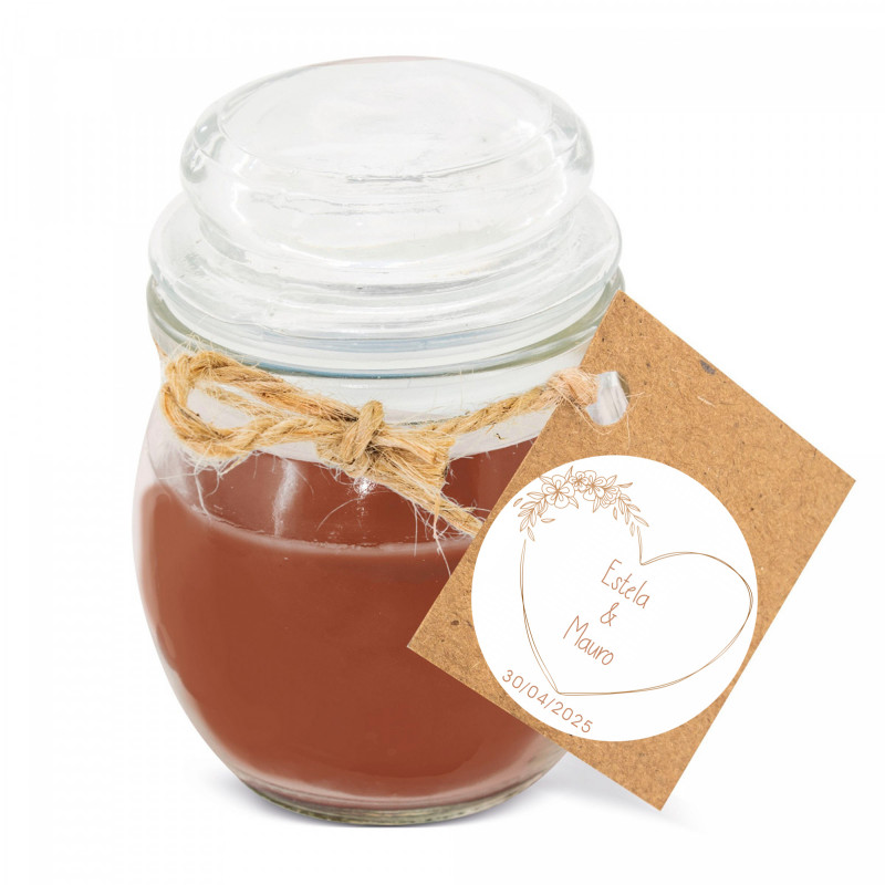 Vela aromática em pote de vidro com tampa e etiqueta pendurada personalizada para lembranças