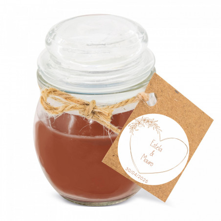 Vela aromática em pote de vidro com tampa e etiqueta pendurada personalizada para lembranças