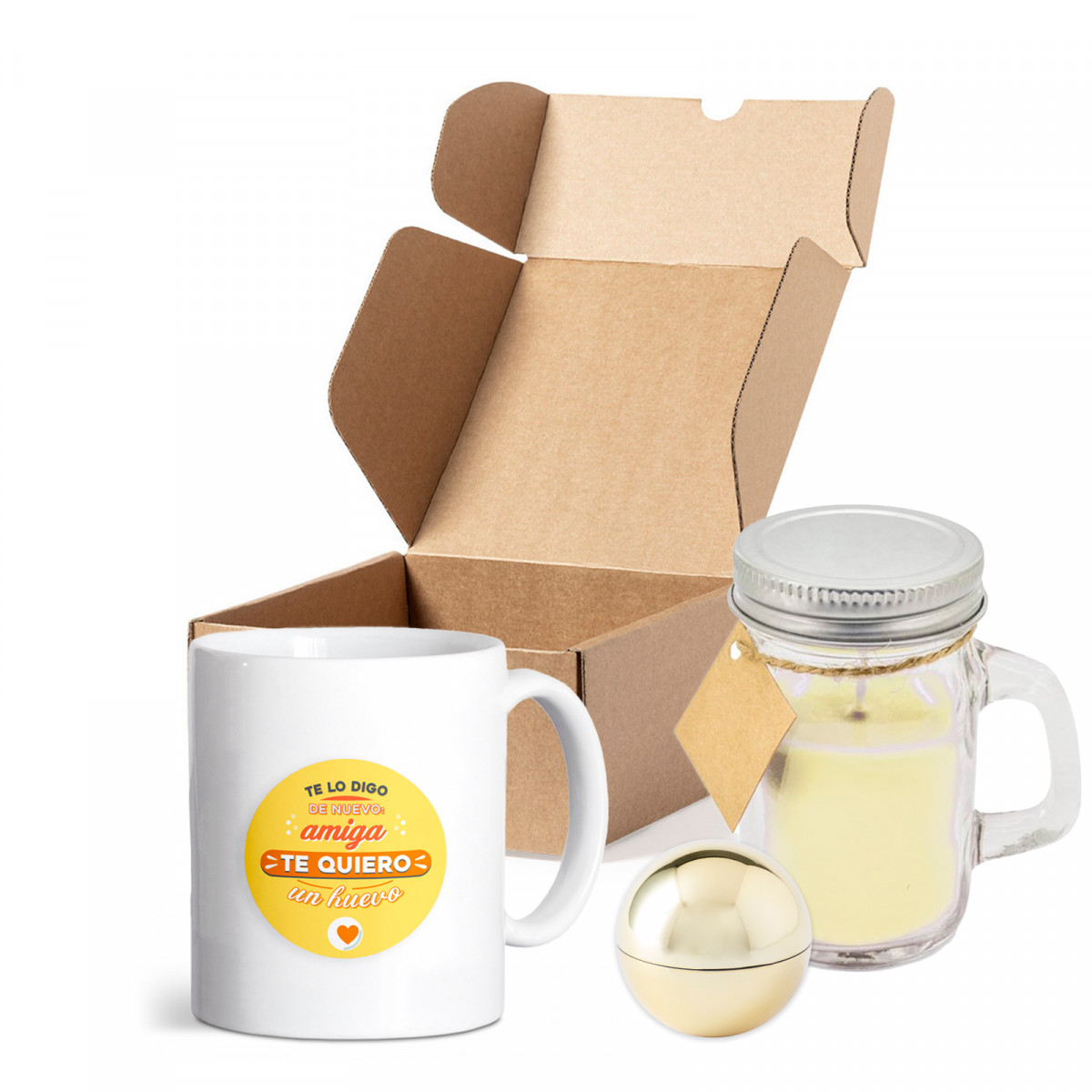 Caneca de cerâmica com adesivo da amizade, vela aromática e bálsamo labial hidratante em caixa para presente