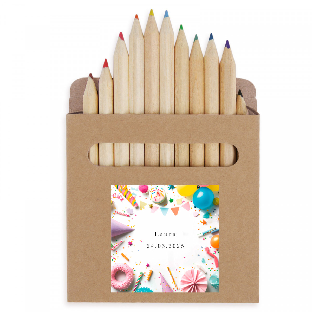 Lápis de cor em caixa de papelão com adesivo personalizado