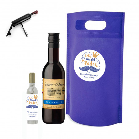 Garrafa de vinho e saca rolhas em uma bolsa azul combinando personalizada para presentes de dia dos pais