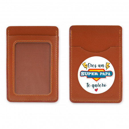 Porta cartões em couro sintético marrom com adesivo você é um superpai para presentear