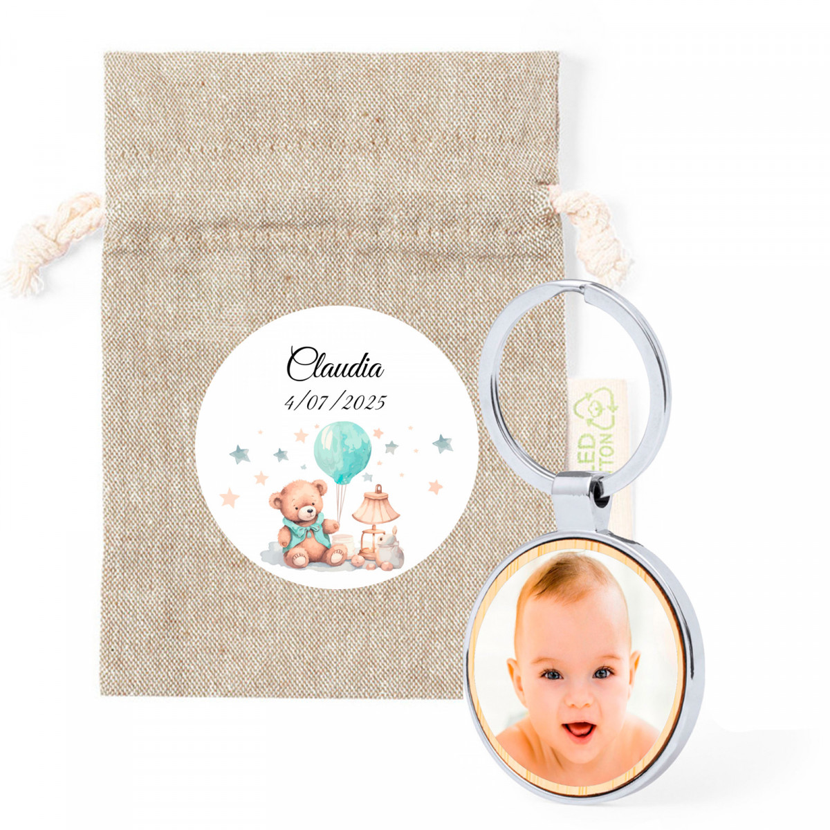 Chaveiro com foto personalizável em bolsa de tecido com adesivo de design de ursinho para presentear