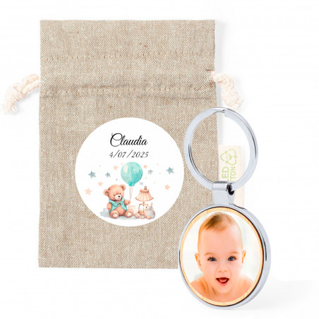 Chaveiro com foto personalizável em bolsa de tecido com adesivo de design de ursinho para presentear